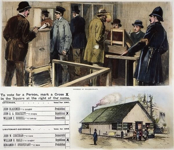 FIRST SECRET BALLOT, 1889. The first American use of the Australian--or secret--ballot in the Boston, Massachusetts, election of 5 November 1889. Contemporary American wood engraving