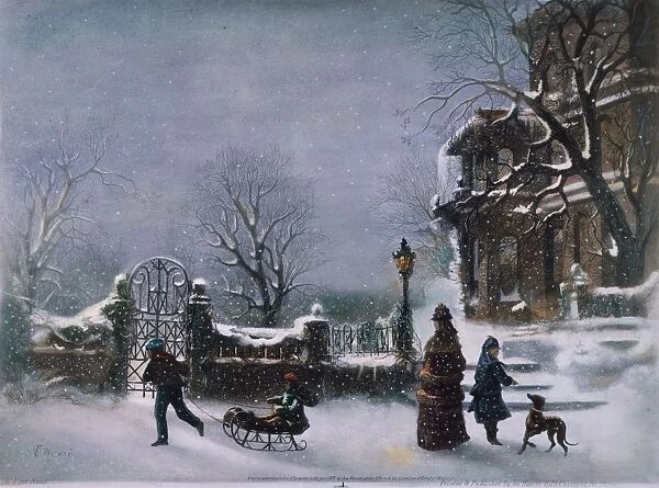 THE FIRST SNOW, 1877. Lithograph, 1877, by Joseph Hoover