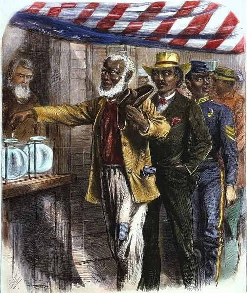 THE FIRST VOTE, 1867. Freedmen voting in the American South. Color engraving, 1867