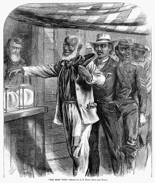 The First Vote. Freedmen voting in the American South. Wood engraving after a drawing by Alfred R. Waud from an American newspaper of 1867