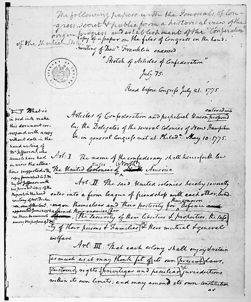 The first written plan for the Articles of Confederation and Perpetual Union, written by Benjamin Franklin and presented to Congress in July 1775