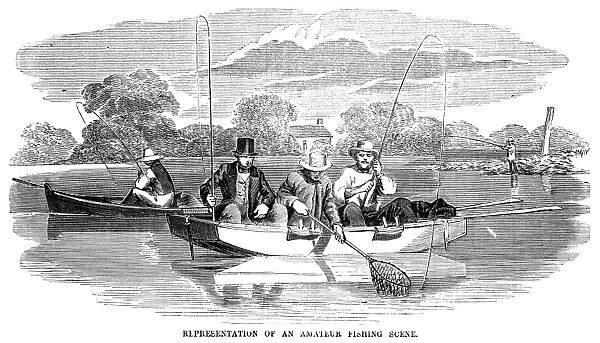 FISHING, 1854. Amateur fisherman fishing for leisure. Wood engraving, American, 1854