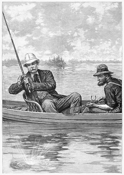 FISHING, 1884. A distinguished fisherman enjoying his well-earned vacation. Engraving
