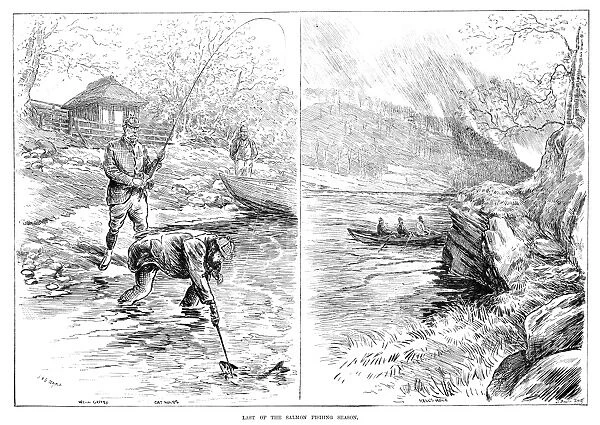 FISHING, 1887. British salmon fishers. Engraving, English, 1887