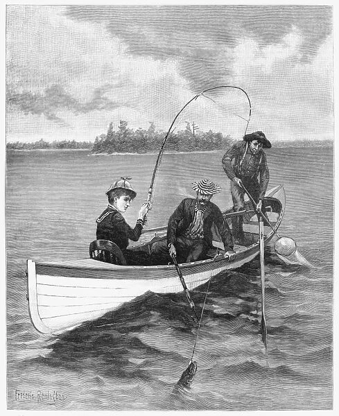 FISHING, 1888. Her first muskallonge. Engraving, 1888