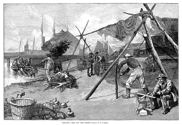 FISHING, 1889. Preparing nets for shad fishing. Engraving after a drawing by W