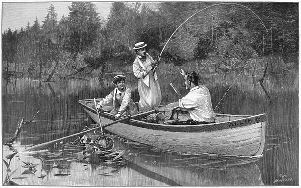 FISHING, 1890. Black bass fishing on Lake Bonita, Mount McGregor, New York. - In a tangle