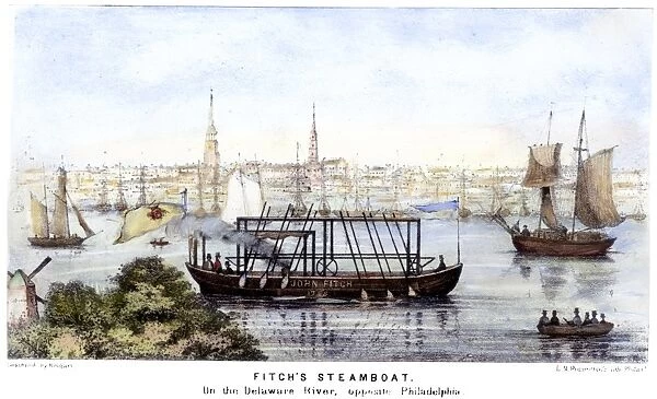 FITCHs STEAMBOAT, c1787. John Fitchs steamboat on the Delaware River, c1787. Lithograph