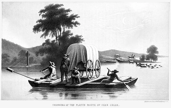 FLATBOAT, WYOMING. Crossing of the Platte Mouth of Deer Creek. Lithograph, American