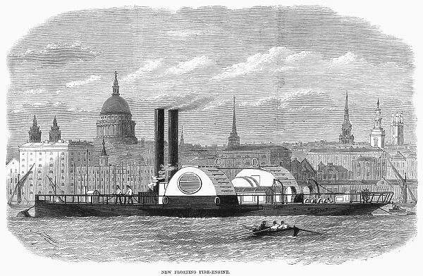 FLOATING FIRE ENGINE, 1868. A new steamboat fire engine on the Thames River in London. Wood engraving, English, 1868
