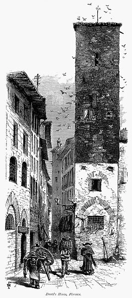 FLORENCE: DANTEs HOUSE. Dante Alighieris house in Florence, Italy. Wood engraving, c1875, after Harry Fenn