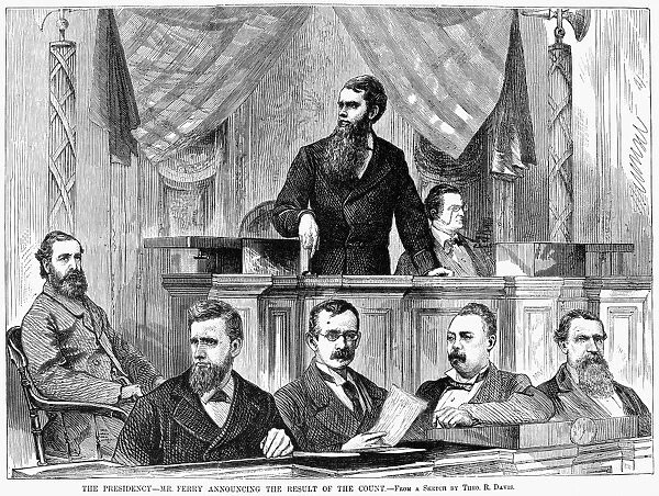 The Florida Case. Presiding Senator Thomas Ferry announcing the Commissions decision, February 1877, to award twenty disputed electoral votes, and the 1876 Presidential election, to the Republican candidate, Rutherford B. Hayes. Contemporary American engraving