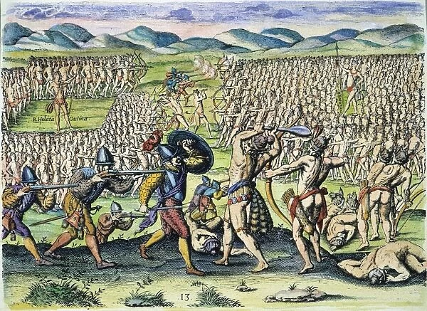 FLORIDA NATIVE AMERICANS, 1591. A tribe of Florida Native Americans and their French allies in combat with another tribe. Colored engraving, 1591, by Theodor de Bry after a lost drawing by Jacques Le Moyne de Morgues