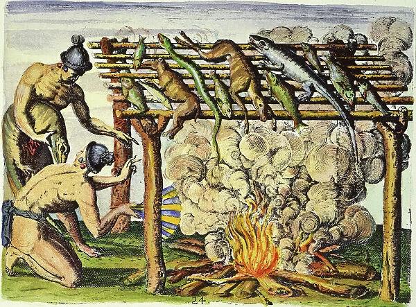 Florida Native Americans curing fish and game on a barbecue. Colored engraving, 1591, by Theodor de Bry after a now lost drawing by Jacques Le Moyne de Morgues