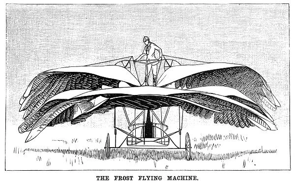 A flying machine invented by Edward P. Frost of England in 1891, with wings of artificial feathers: contemporary drawing