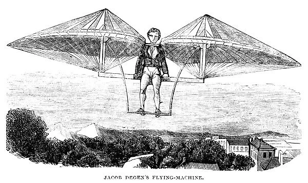 Flying machine invented by Jacob Degen, 1807. Wood engraving, American, 1857