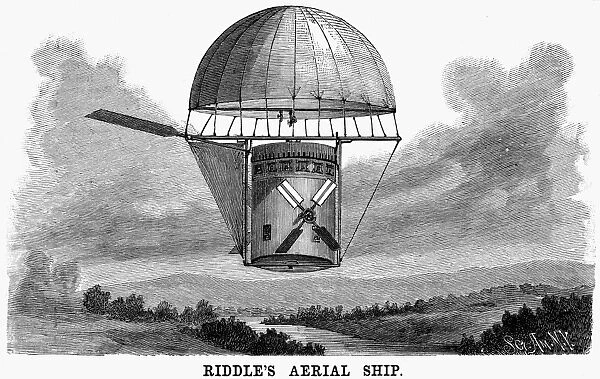 A flying machine patented in 1892 by William N. Riddle of Crowley, Texas. Contemporary engraving