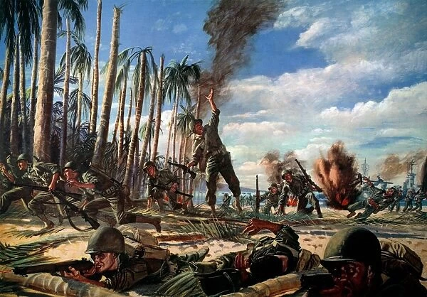Follow Me!: Colonel Aubrey S. Newman leading the 3rd Battalion of the 35th U. S. Army Infantry Regiment across Red Beach, Leyte, Philippine Islands, 20 October 1944. Painting by H. Charles McBarron, Jr