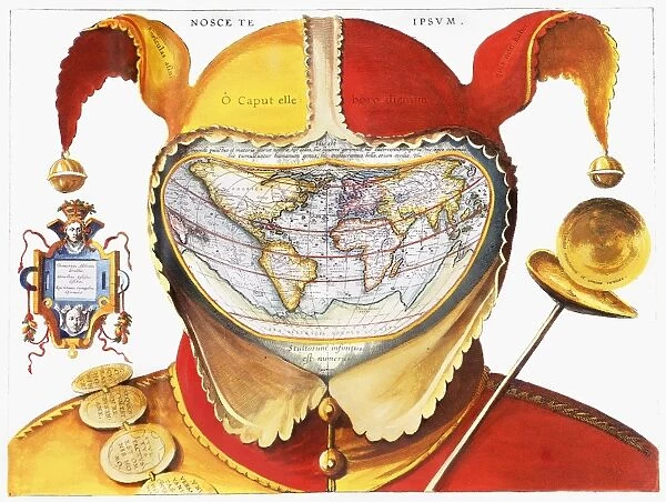 FOOLs CAP WORLD MAP, c1590. Fools cap map of the world, c1590 by an unknown artist. The panel on the left reads: Democritus laughed at it, Heraclitus wept over it, Epichthonius Cosmopolites portrayed it