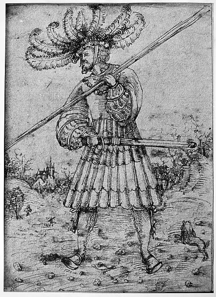 FOOT SOLDIER, c1510. Foot Soldier in a Landscape. Drawing from the Danube School