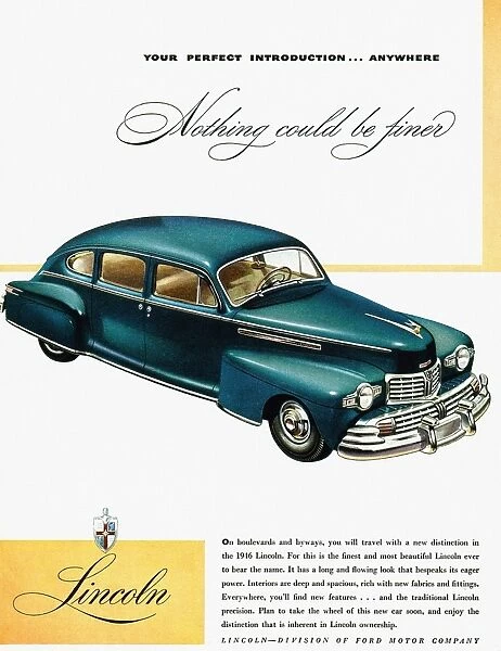 FORD LINCOLN AD, 1946. American magazine advertisement, 1946, for Ford Lincoln automobiles