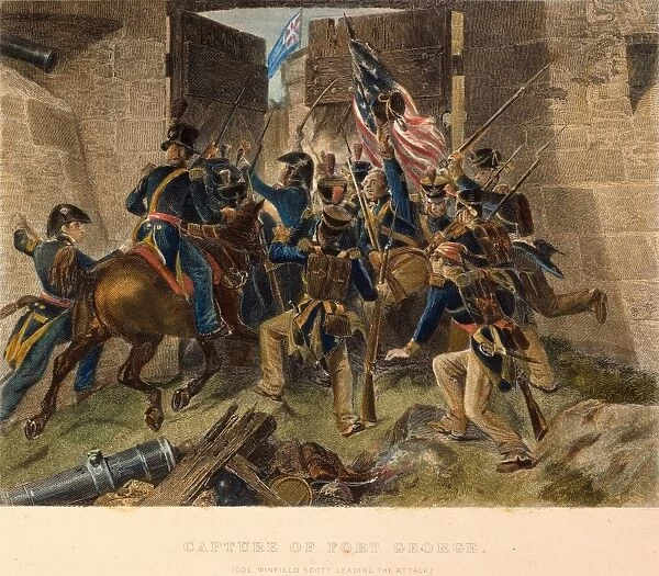 FORT GEORGE, 1813. Lt. Colonel Winfield Scott leading the attack at the capture of Fort George, on the Canadian side of the Niagara River, 27 May 1813: colored engraving, 19th century