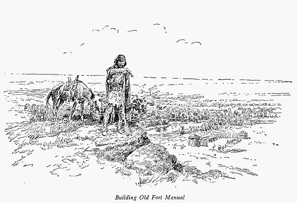 FORT MANUEL, 1807. Manuel Lisa, a fur trader in Montana territory, at the site of Fort Manuel, constructed in 1807. Line engraving, American, 19th century