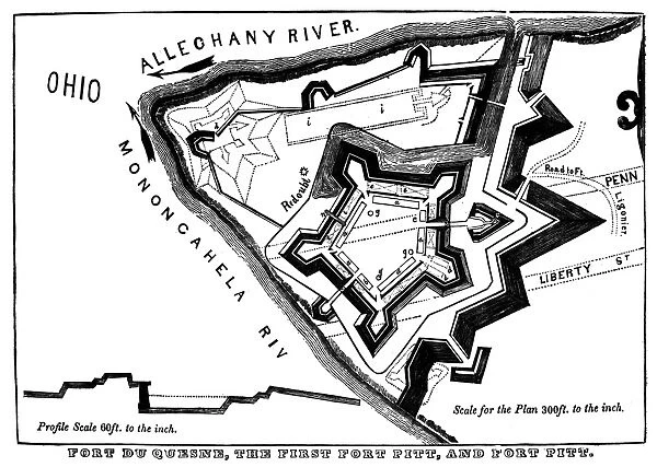 FORT PITT. Plan of Fort Duquesne, built by the French from 1759 to 1761, and Fort Pitt, built a few years later by American colonists, on what is today Pittsburgh, Pennsylvania. Line engraving, early 20th century