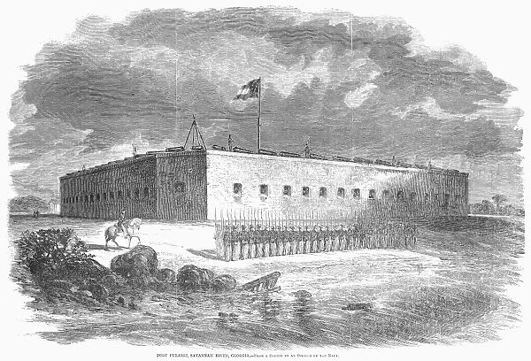 FORT PULASKI, GEORGIA, 1861. Fort Pulaski on Cockspur Island in the Savannah River, occupied by Confederate troops at the beginning of the American Civil War. The fort is flying the first Confederate flag. Wood engraving from an American newspaper of December 1861