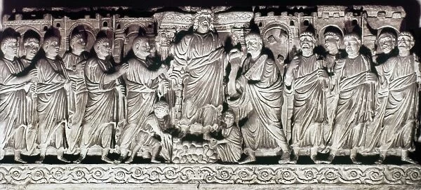 Fourth century A. D. sarcophagus relief of Christ and 12 Apostles