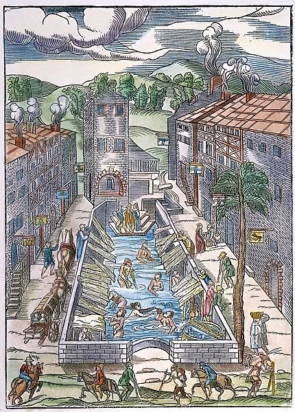 FRANCE: BATH HOUSE, 1553. Ancient Roman bath house at Plombieres, France, used by the poor