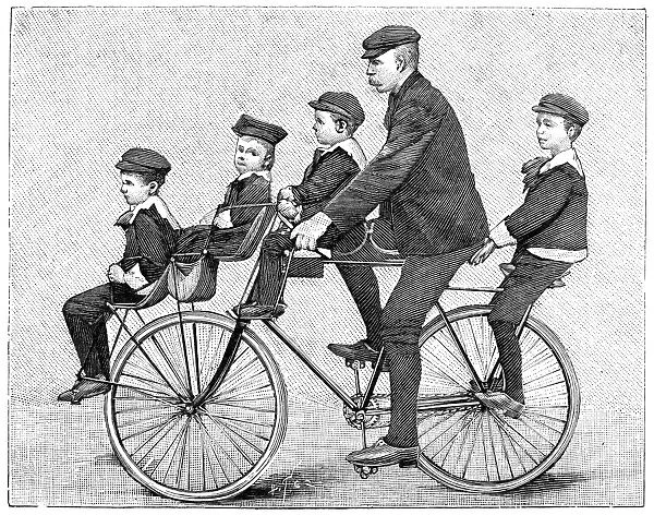 FRANCE: BICYCLING, 1896. A French family bicycle powered by Papa. Line engraving, French, 1896