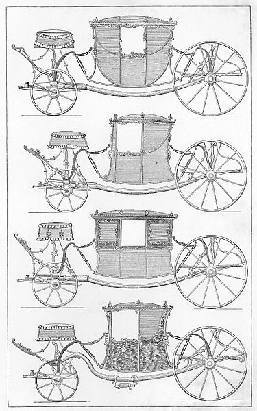 FRANCE: CARRIAGES, c1740. Examples of carriages and coaches in France, c1740. Engraving