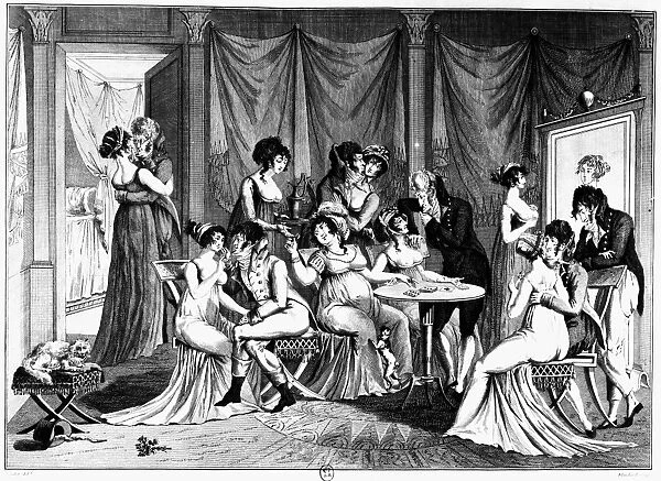FRANCE: CONSULATE LIFE. The Parisian Seraglio, or Fashionable Society (bon ton) of 1802. Contemporary French line engraving by Blanchard