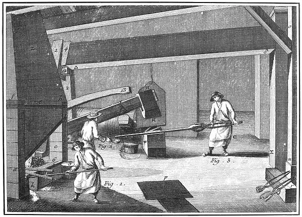 FRANCE: IRON-MAKING. Casting cold water on the bloom (Fig. 2) at the moment of hammering to assist in scaling off impurities. Line engraving, French, c1750