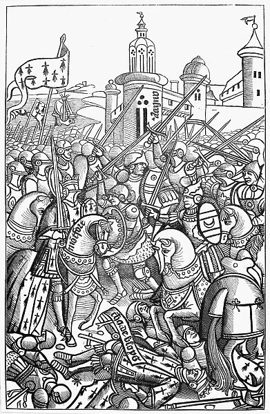 FRANCE: KNIGHTS, 1364. French soldiers at the Battle of Auray. Woodcut, French