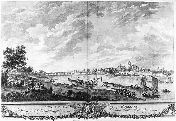 FRANCE: ORLEANS, 1766. View of the city of Orleans and Chartres Cathedral from the Loire River. Line engraving by Pierre Philippe Chaffard, 1766