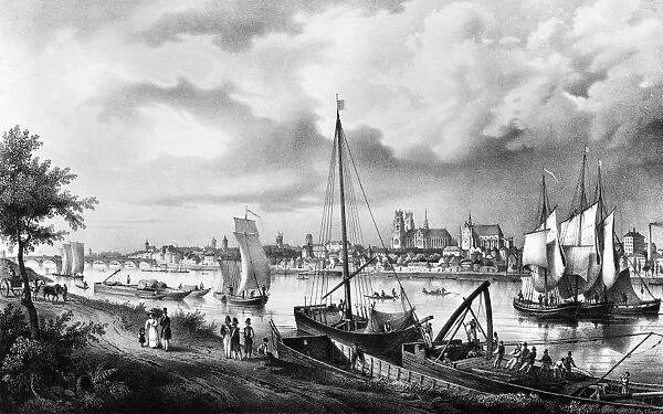 FRANCE: ORLEANS, 1829. View of the city of Orleans and Chartres Cathedral from the Loire River