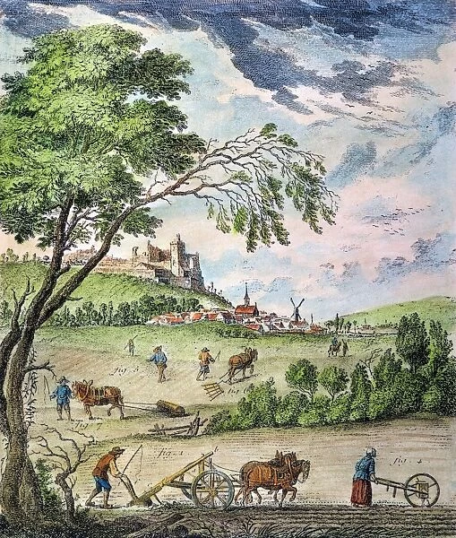 FRANCE: PLOUGHING, 1763. An idealized version of labourage, the tilling and ploughing of arable soil, on a model manor, as depicted in Denis Diderots Encyclopedia. Color line engraving, French, 1763