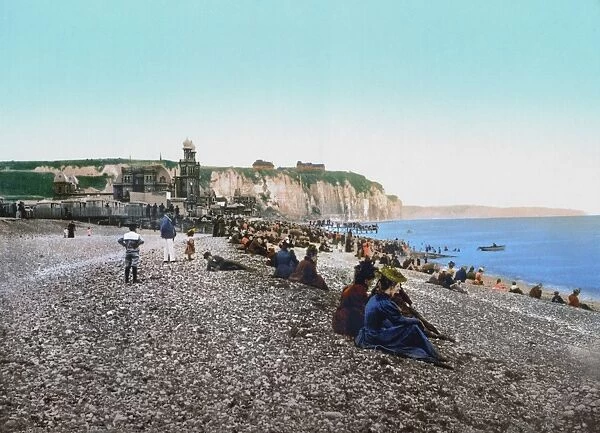 FRANCE: RESORT, c1895. Men and women sitting on the beach at the Casino de la Plage in Dieppe, France. Photochrome, c1895