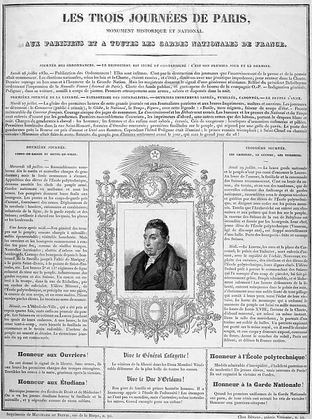 FRANCE: REVOLUTION OF 1830. French broadside published shortly after, and in commemoration of, the events of 26-29 July 1830, which resulted in the overthrow of the regime of King Charles X and the establishment of the July Monarchy of Louis Philippe. At center is an engraved portrait of the Marquis de Lafayette, commander of the National Guard