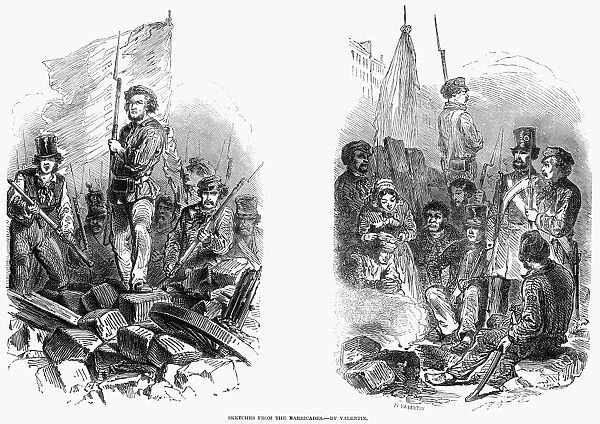 FRANCE: REVOLUTION OF 1848. Sketches from the barricades. Wood engraving from a contemporary English newspaper