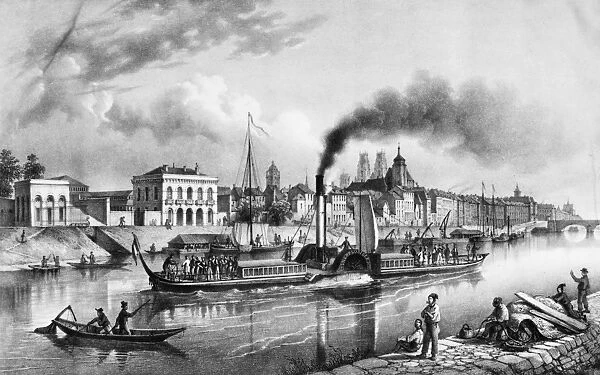 FRANCE: STEAMBOAT, c1840. Arrival of a steamboat at Orleans, France, on the Loire River