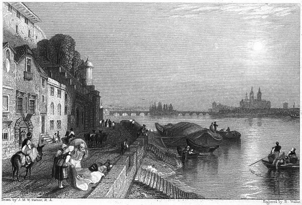 FRANCE: TOURS. A view of the waterfront in Tours, France, on the Loire River. Steel engraving, English, c1835, after J. M. W. Turner