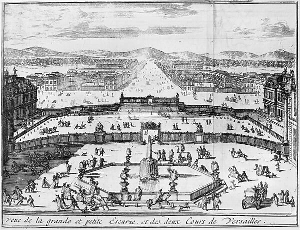 FRANCE: VERSAILLES, 1687. The avenue, two stables, gates and two courtyards seen from the Palace of Versailles, France. Line engraving from The Description of Versailles, Paris, 1687
