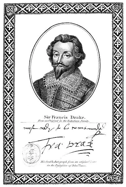 FRANCIS DRAKE (1540?-1596). English naval commander and navigator. Etching, English