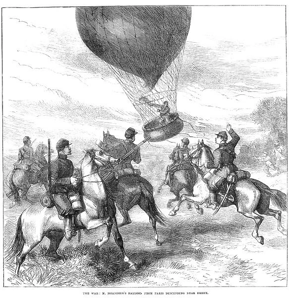 During the Franco-Prussian War, a balloon from Paris, France, is besieged by Prussian troops in the autumn of 1870, descends near Dreux. Wood engraving from a contemporary English newspaper