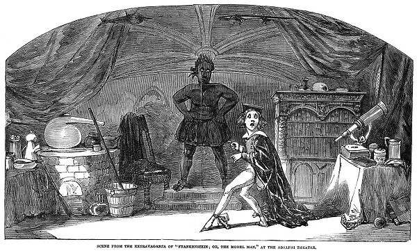 FRANKENSTEIN. Scene from an 1850 stage adaptation of Frankenstein, Mary Wollstonecraft Shelleys 1818 novel, at the Adelphi Theater, London. Contemporary English wood engraving