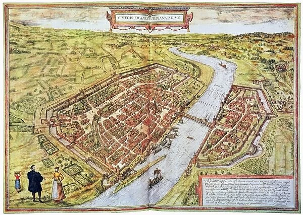 FRANKFURT, GERMANY, 1572. Bird s-eye-view of Frankfurt: engraved map, German, 1572