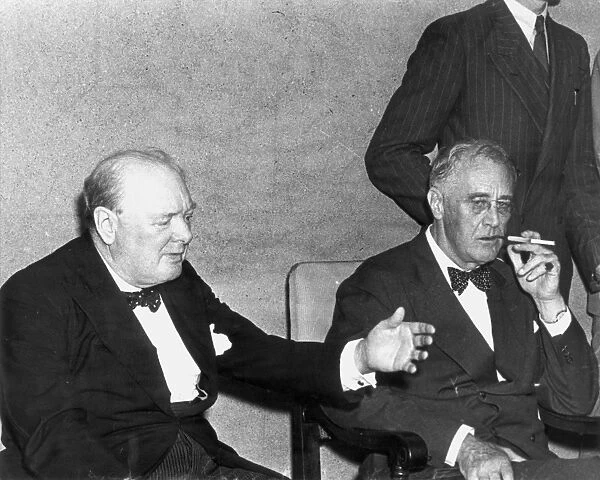 Franklin Delano Roosevelt (1882-1945), 32nd president of the United States, photographed on September 17, 1944 at a press conference in Quebec, Canada, with Prime Minister of Great Britain Winston Churchill